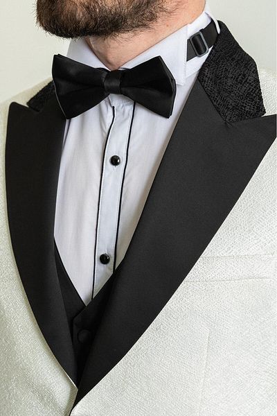 Mcr Patterned Ecru Color Slim Fit Wide Collar Satin Men's Groom Suit