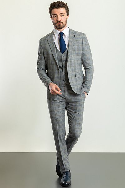 Mcr Plaid Slim Fit Mono Collar Men's Suit Gray - 45223.23Y