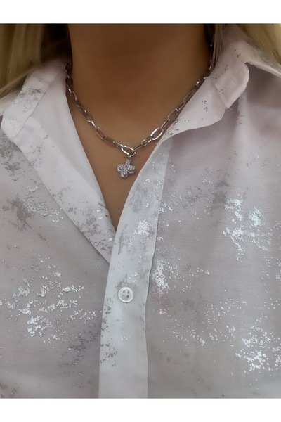 Hicrans Takı KALIN ZİNCİR TAŞLI YONCA MODEL ÇELİK KOLYE