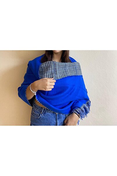 sema aksesuar Зимна шамия с рибена кост, синьо-черно-бяла - широка, с ресни, ...