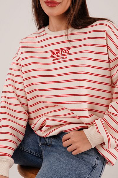 Hipo Trend Boston Embroidered Three Thread Red Striped Sweatshirt