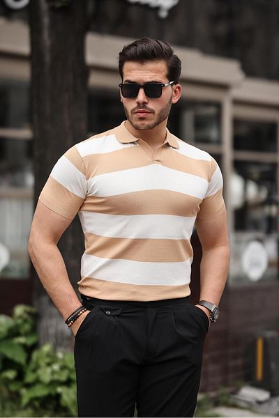 Miron Μπλουζάκι Polo Neck - Καφέ Λευκό Πλεκτό, Block Piece - 2417