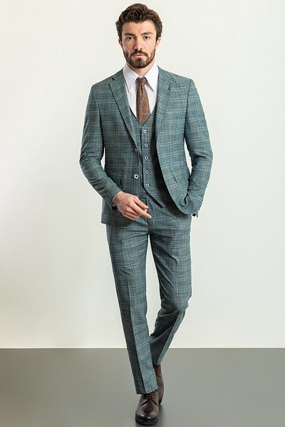 Mcr Kockás benzin színű Slim Fit Mono galléros férfi öltöny