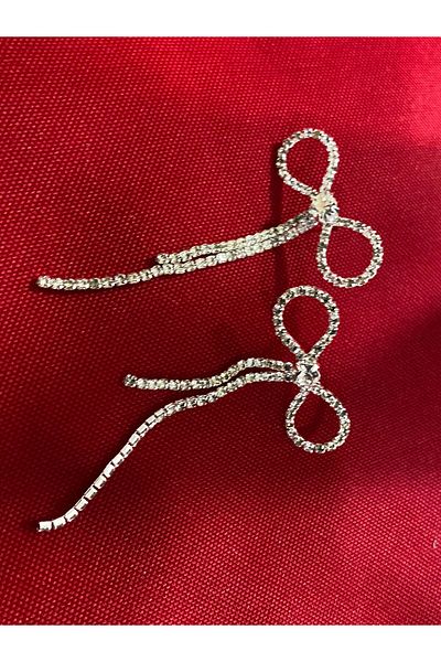 Hepimizin Bowknot Ribbon Silver Zircon Stone Earrings