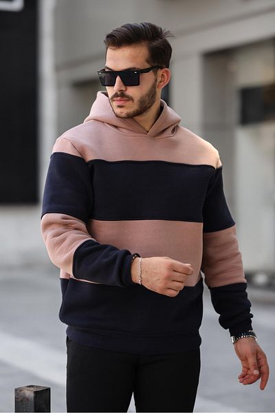 Miron Φούτερ με κουκούλα Camel Navy Blue - Τρεις κλωστές, μπλοκ κομμάτια - 2316