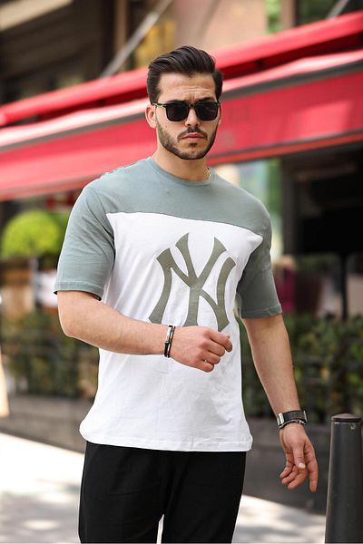 Miron Oversize Χακί Λευκό Κεντημένο T-Shirt - Κοντό μανίκι, Λεπτομέρεια εκτύπωσης, 2406