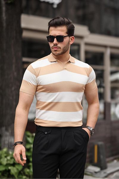 Miron Μπλουζάκι Polo Neck - Καφέ Λευκό Πλεκτό, Block Piece - 2417