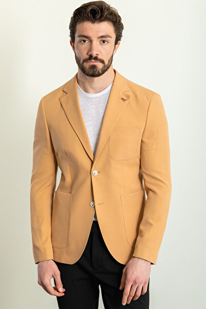 Mcr Ανδρικό μπουφάν μονόχρωμο με λαιμόκοψη, ίσιο, λεπτό, με τσέπη, καμηλό - 40294.23Y