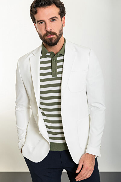 Mcr Прямий Slim Fit Сумка Кишеня Моно Комір Чоловічий Піджак Екрю - 40294.23Y