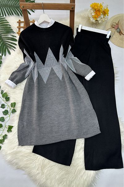 MODAQU Zigzag Knitwear Tunic Trousers Set - Black