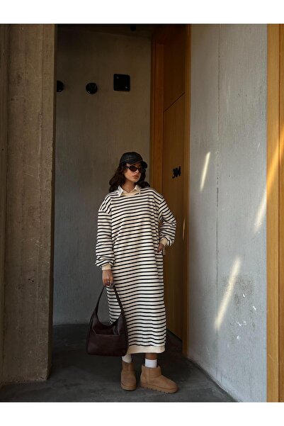 minaaise Γυναικείο μαύρο ριγέ φόρεμα 3 κλωστών χωρίς ανύψωση μακρύ υπερμεγέθη 28288