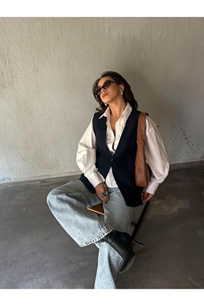 minaaise Women's Navy Blue Raised Polyviscon Wide Cut Lined Vest 28243