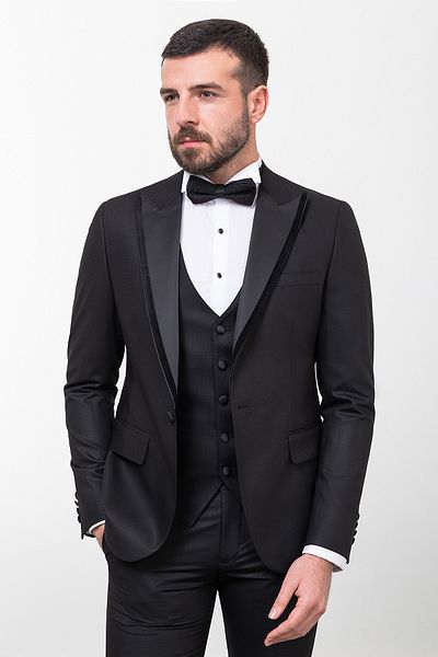 Mcr Straight Slim Fit Wide Collar Men's Groom Suit Black - 45224.23Y