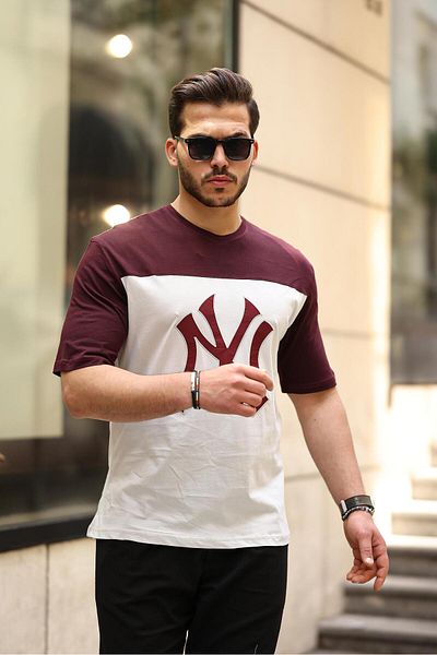 Miron Tricou oversize cu mânecă scurtă cu broderie și imprimeu alb burgundă - 2406