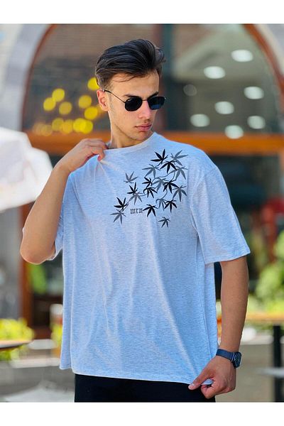 Miron Oversize Leaf Κεντημένο Γκρι T-Shirt - Κοντό μανίκι 2306