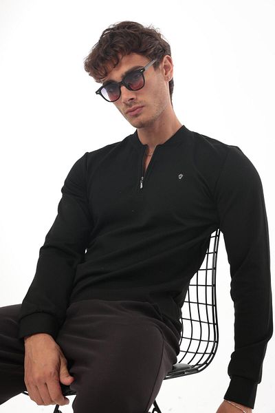 Miron College Collar Half Zipper Sweatshirt - Black, Regular Fit - 2317