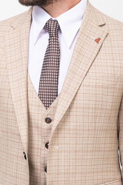 Mcr Ανδρικό κοστούμι καρό μπεζ Slim Fit Mono γιακά