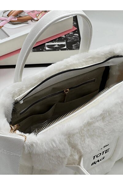 AngelBags Geantă de damă, albă, cu curea coloană, din pluș, tip crossbody