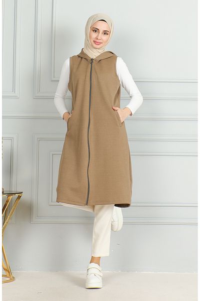 sefamerve Mink Long Quilted Vest 5102-02 - Zipped