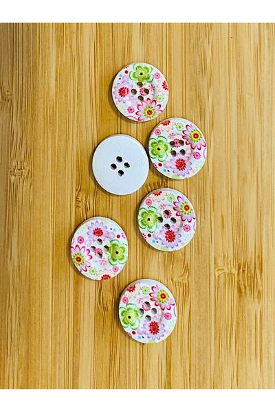 Kartopu Decorative Painted Wooden Flower Printed Button 23 Mm. Pack of 5. Flower Pattern.