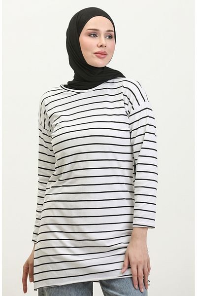 sefamerve White Striped Combed Cotton Tunic - 8705A-02