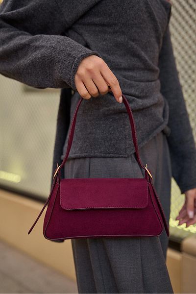 Madamra Burgundy Suede Women's Alba Simple Design Covered Women's Shoulder Bag -
