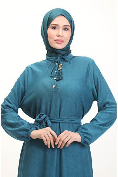 sefamerve Hakim Yaka Düğmeli Elbise 5025-03 Petrol