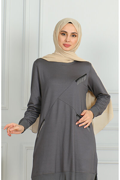 sefamerve Gray Tunic and Trousers Double Set - Tassel Detailed 20042-05