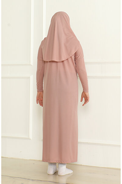 sefamerve Tek Parça Başörtülü Pratik Çocuk Namaz Elbisesi 1985-06 Pudra