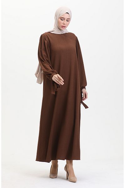 sefamerve 1053-03 Model Brown Sleeve Gathered Dress
