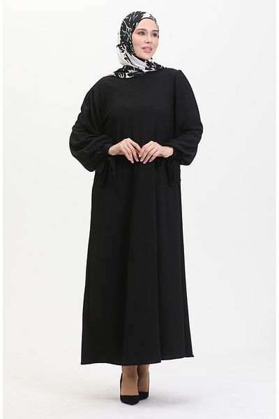 sefamerve Schwarzes Kleid mit gerafften Ärmeln – 1053-01