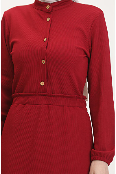 sefamerve Richter Collar Half Buttoned Dress 0522-01 Claret Red