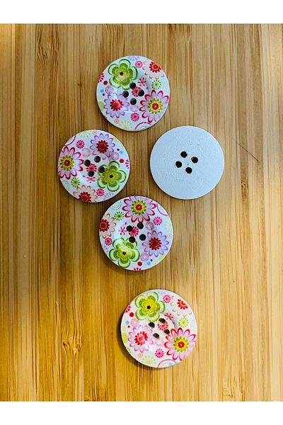 Kartopu Decorative Painted Wooden Flower Printed Button 25 Mm. Pack of 5. Flower Pattern.