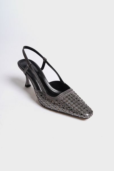 Capone Outfitters Damenschuhe mit offenem Rücken und stumpfer Zehenpartie, gesteinigt, mittlerer Platin-Absatz
