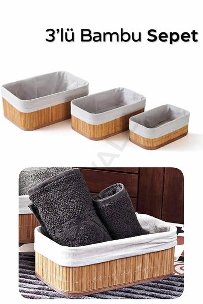 ARVALE 3'lü Doğal Bambu Sepet | 3 Boy Mutfak Banyo Düzenleme