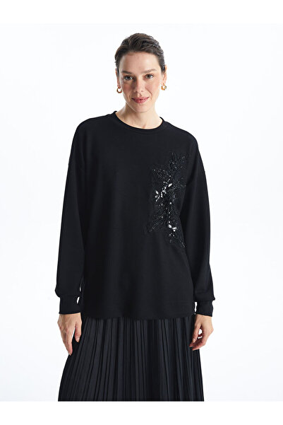 LC Waikiki Black Crew Neck Sequin Oversize Women's Sweatshirt