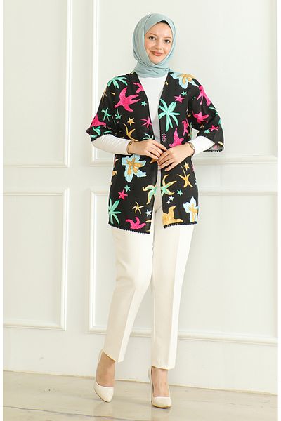 sefamerve Kimono cu model viscoză - 83006A-01 negru fucsia