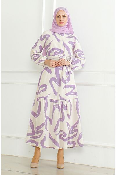 sefamerve Linen Dress 0471A-01 - Patterned and Belted, Beige Lilac