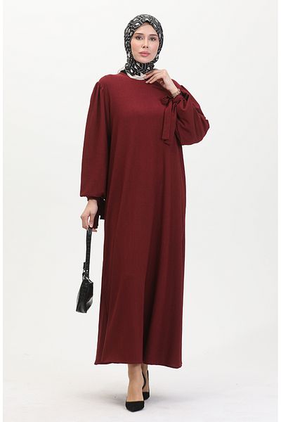 sefamerve Burgunderfarbenes Kleid mit gerafften Ärmeln – 1053-05