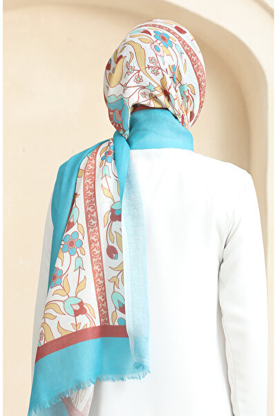 sefamerve Karaca Ethnic Patterned Cotton Shawl 90179-02 Turquoise Tan