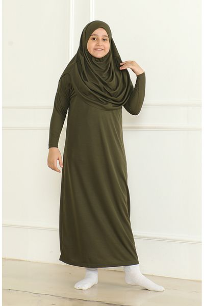 sefamerve Praktisches einteiliges Gebetskleid für Kinder mit Hijab – 1985–03 Khaki