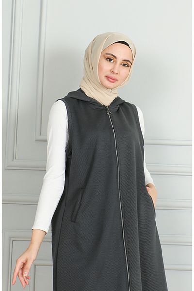 sefamerve Smoke Colored Zippered Long Quilted Vest 5102-01