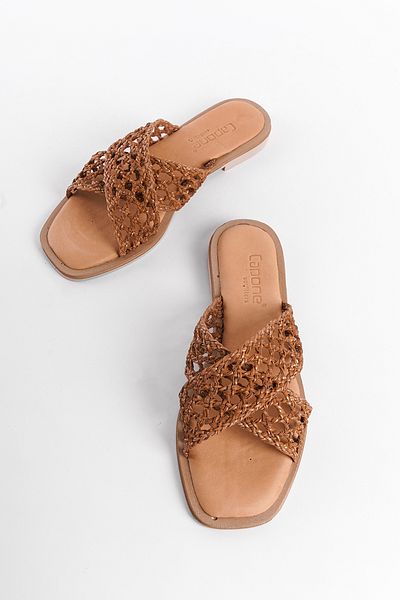 Capone Outfitters Dámské pantofle na plochém podpatku z pravé kůže ze slámové síťoviny