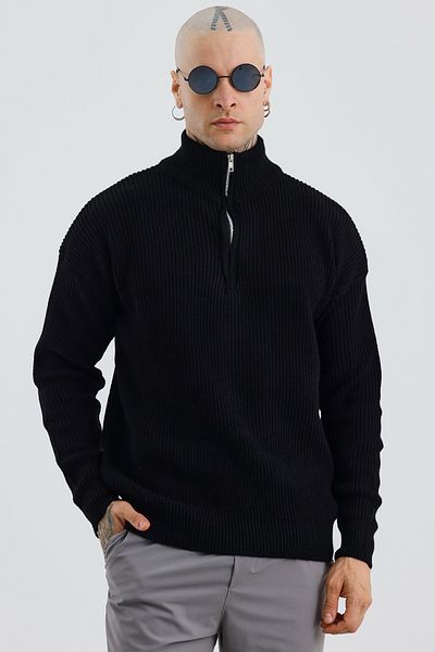 MADZEYMODA Мъжки плетен пуловер с половин цип, голям размер, първокласен, черен, Mz62001