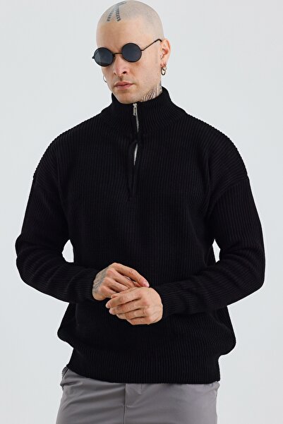 MADZEYMODA Men's Oversize Half Zipper Premium Knitted Black Knitwear Sweater Mz62001