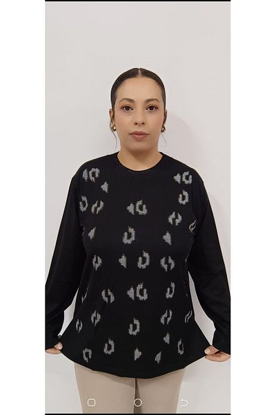 AKŞEN GİYİM Plus Size Knitted Crew Neck Embossing Piece Printed High Quality Long Sleeve Mother Blouse