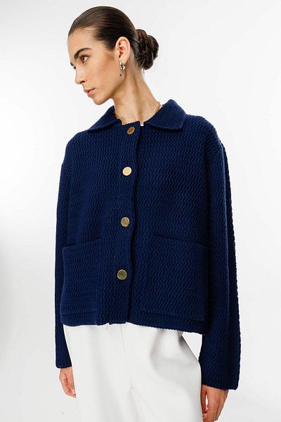 Hooopstore Cardigan bleumarin cu nasturi cu guler de cămașă