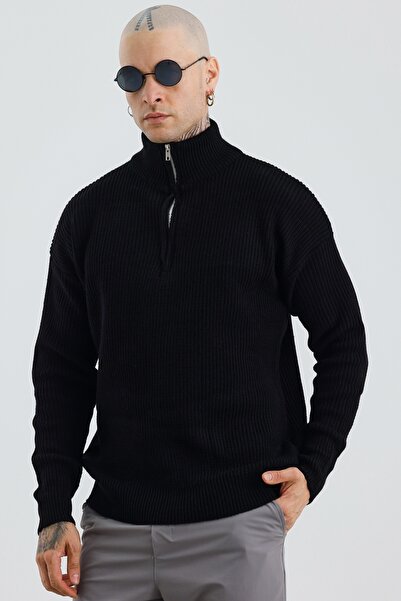 MADZEYMODA Men's Oversize Half Zipper Premium Knitted Black Knitwear Sweater Mz62001