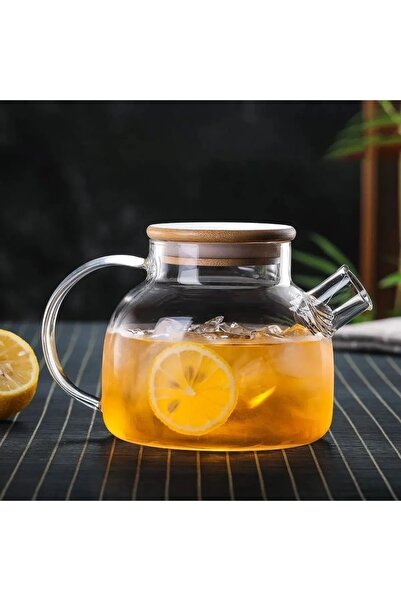 Albifoni 1000ml Bambu Kapaklı Isıya Dayanıklı Cam Bitki Çayı Demliği Cam Sürahi