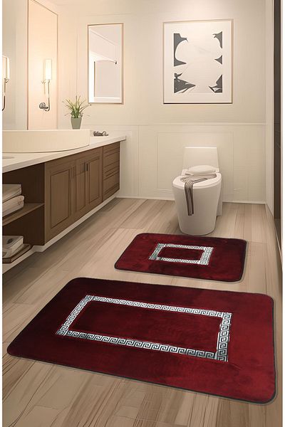 FeelHome Set de covorașe de baie ultra lux din 2 piese - bază anti-alunecare Meram, cu detalii din piele absorbantă, roșu și argintiu